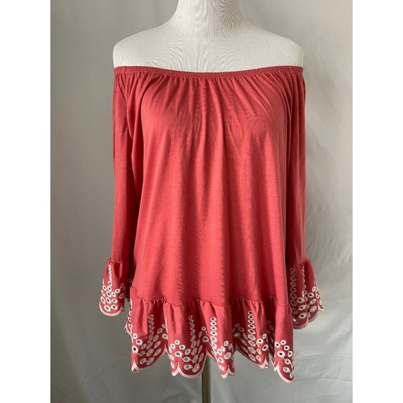 Fever Tops - Fever Salmon Flare 3/4 Sleeve Eyelet Embroidered Wide neck Ruffle Bottom Blouse